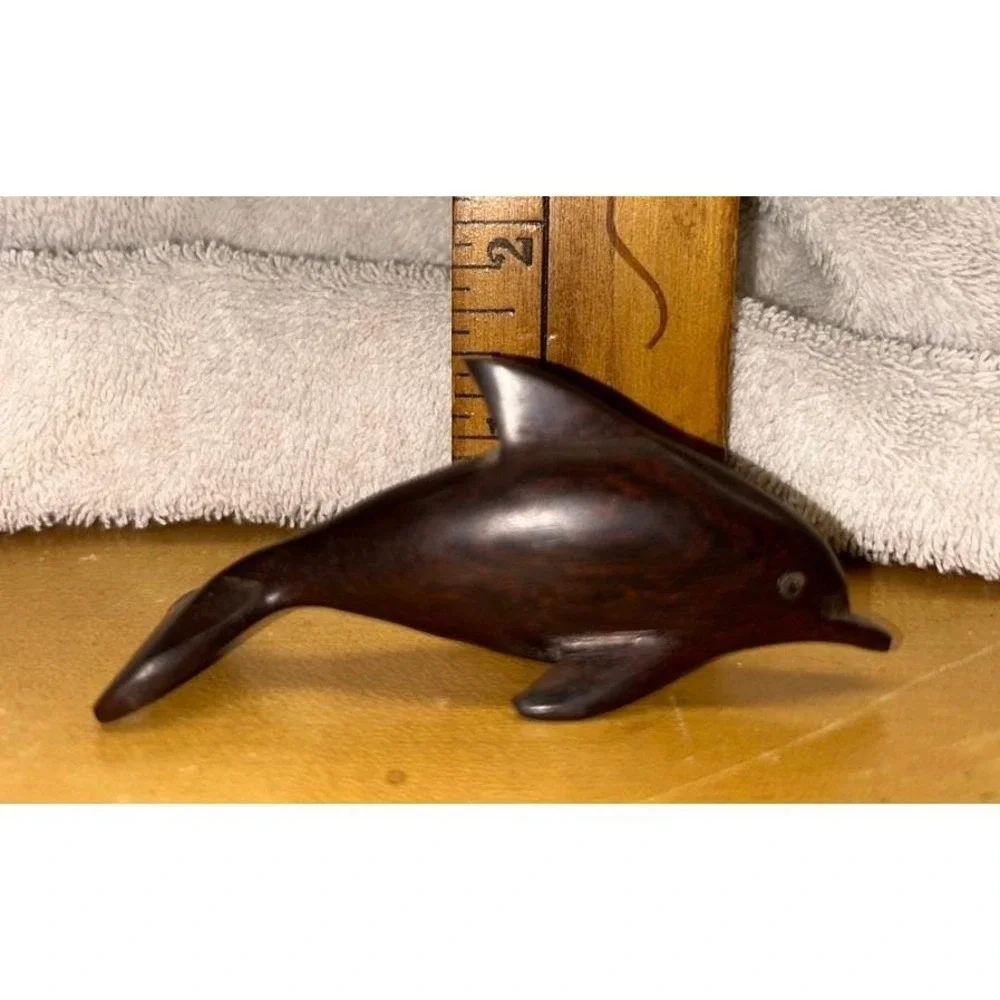 Hand Carved Wooden Dolphin Figurine Dark Wood Beach Coastal Decor